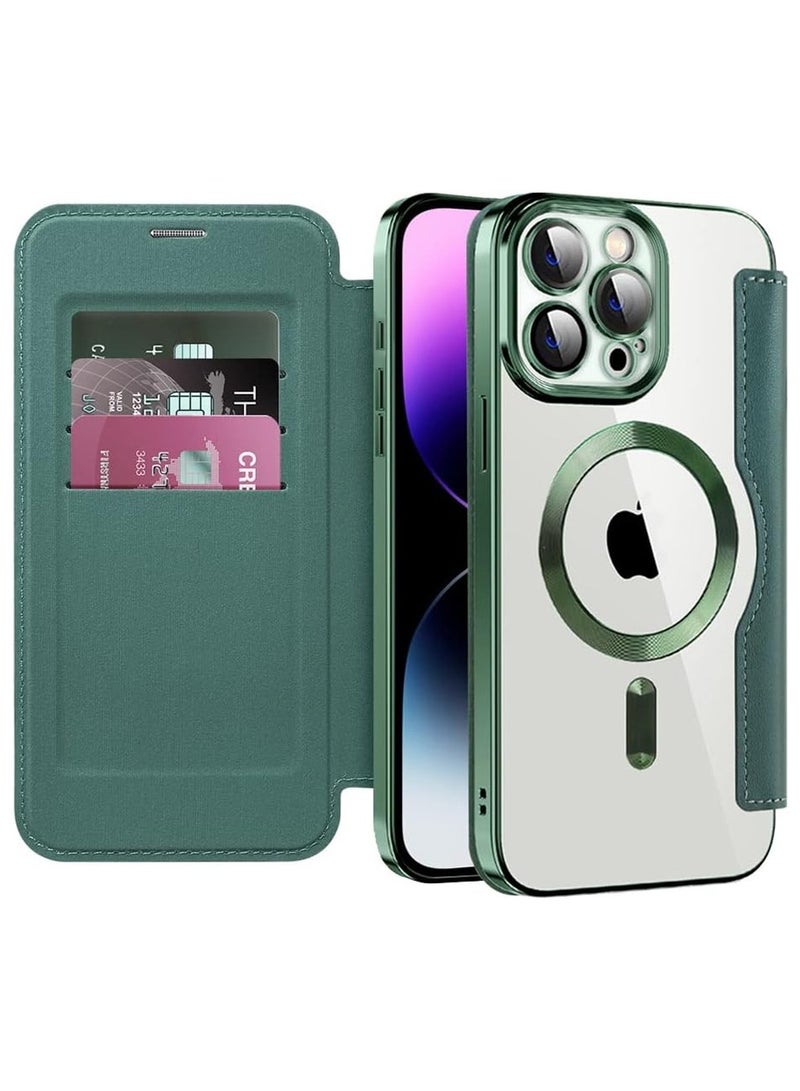 iPhone 15 Pro Case Cover Wallet Compatible with Magsafe Magnetic Shockproof Translucent Back Slim Full Camera Lens Screen Protective Flip Protector with Card Slot Leather Cover for iPhone 15 Pro  - Image 2