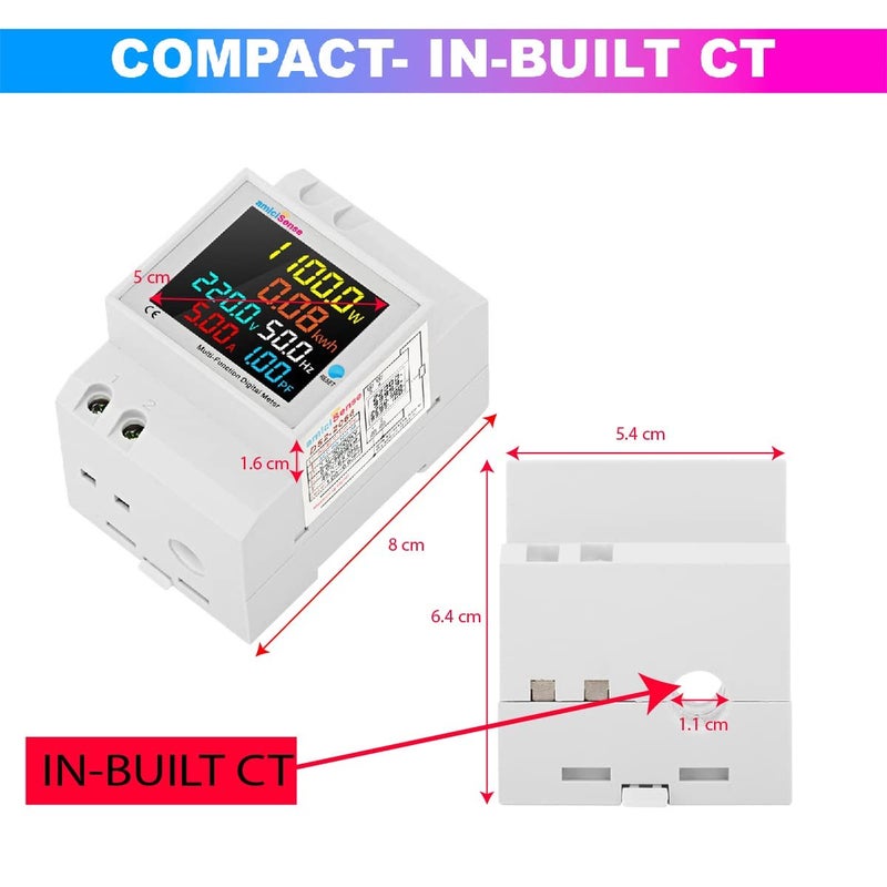 amiciSense عداد الطاقة الرقمي 6 في 1 40-300 فولت 100 أمبير، جهاز مراقبة التردد/عامل القدرة/الطاقة الفعالة/التيار/الجهد مع تركيب مقاوم للعوامل الجوية (مرحلة واحدة)، أبيض - Image 4