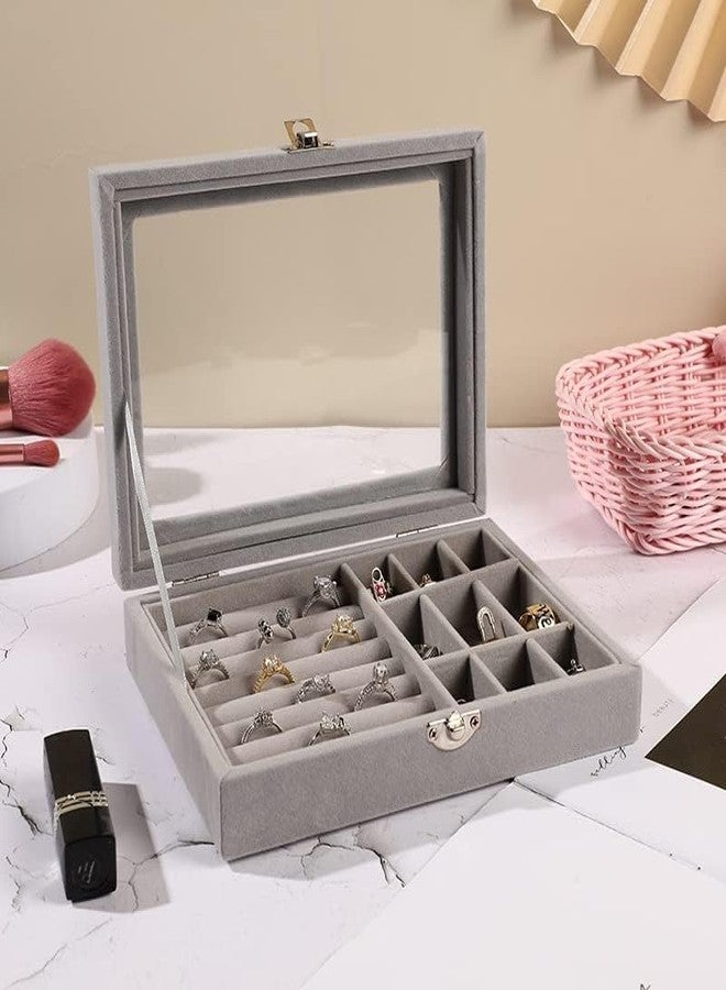 OTIPORTER Jewellery Box Organiser 9 Grids Jewelry Storage Case, Velvet Lockable Jewellery Organiser, Removal Tray, Ring Storage Slot, Ring Jewellery Display Storage Box Tray (Multicolor) - Image 1