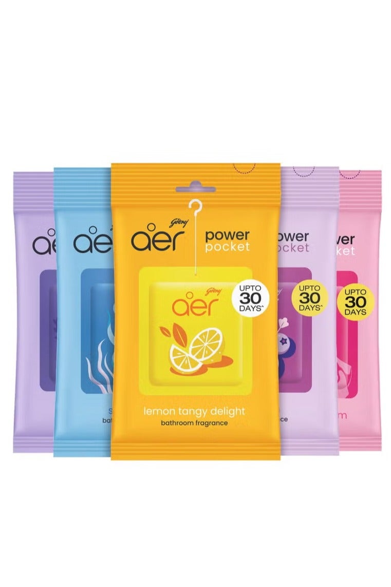 Godrej Aer Power Pocket Air Freshener- Bathroom and Toilet Lasts Up to 30 days Assorted Pack of 5 (50g), Multicolour