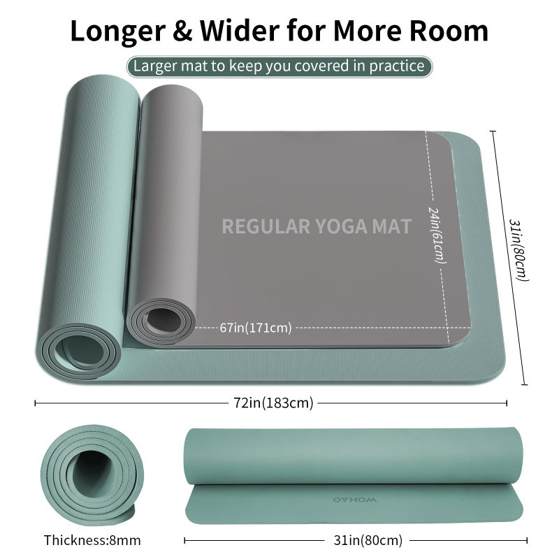 WOHAO 8mm Thick Non-Slip Yoga Mat - Large 72"x32", Eco-Friendly & Odorless with Carrying Strap, Extra Wide & Durable for Yoga, Pilates & Home Gym (Dark Green) - Image 5