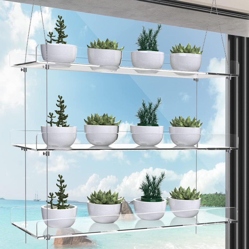 ZerzSemp 3-Tier Hanging Acrylic Plant Shelves for Windows, Each Tier 16 Inch Long, Height Adjustable Plant Stand, Clear Hanging Plant Stand for Indoor Windows, Grow Herbs,Flower - Image 2