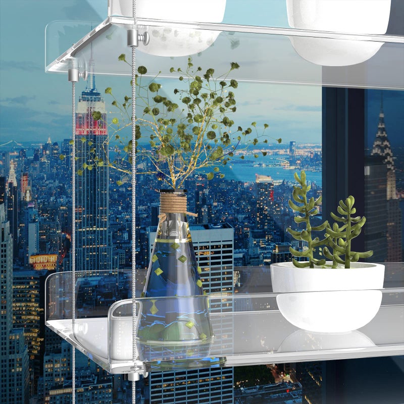 ZerzSemp 3-Tier Hanging Acrylic Plant Shelves for Windows, Each Tier 16 Inch Long, Height Adjustable Plant Stand, Clear Hanging Plant Stand for Indoor Windows, Grow Herbs,Flower - Image 3