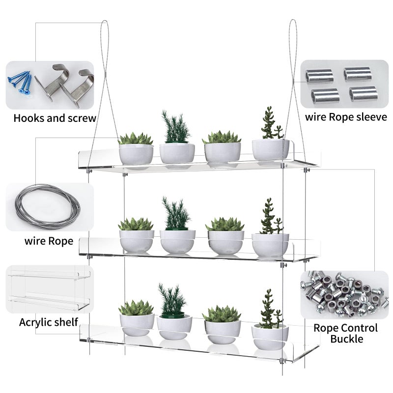 ZerzSemp 3-Tier Hanging Acrylic Plant Shelves for Windows, Each Tier 16 Inch Long, Height Adjustable Plant Stand, Clear Hanging Plant Stand for Indoor Windows, Grow Herbs,Flower - Image 5
