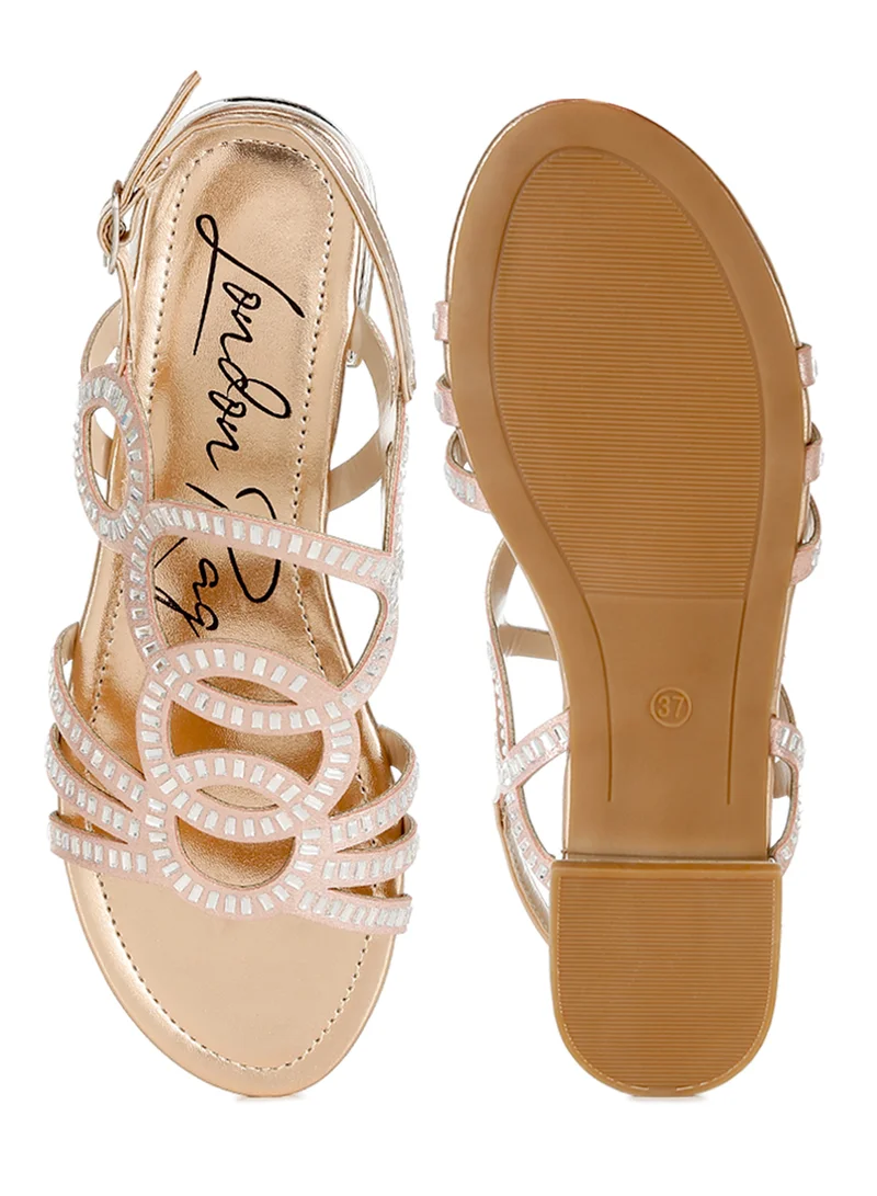 London Rag Cut Out Detail Rhinestone Flat Sandals in Rose Gold