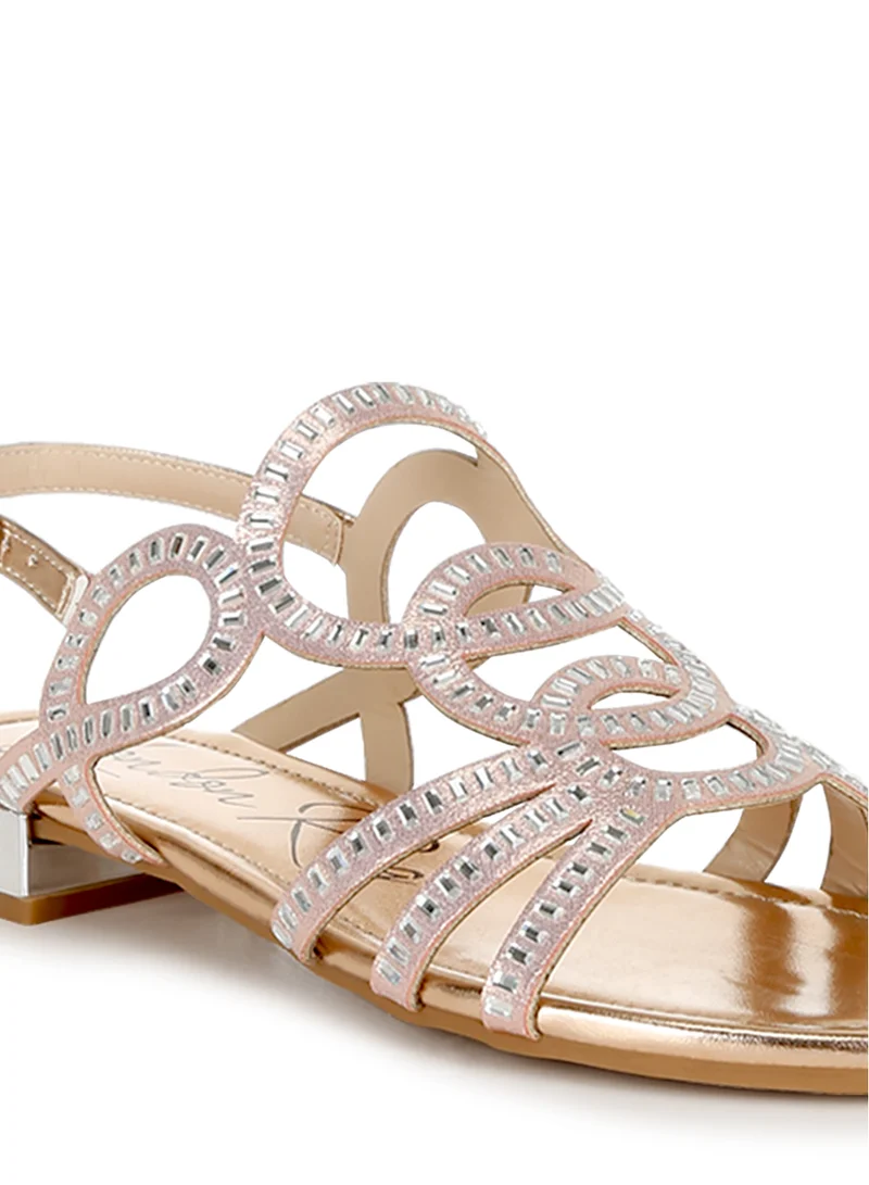 London Rag Cut Out Detail Rhinestone Flat Sandals in Rose Gold