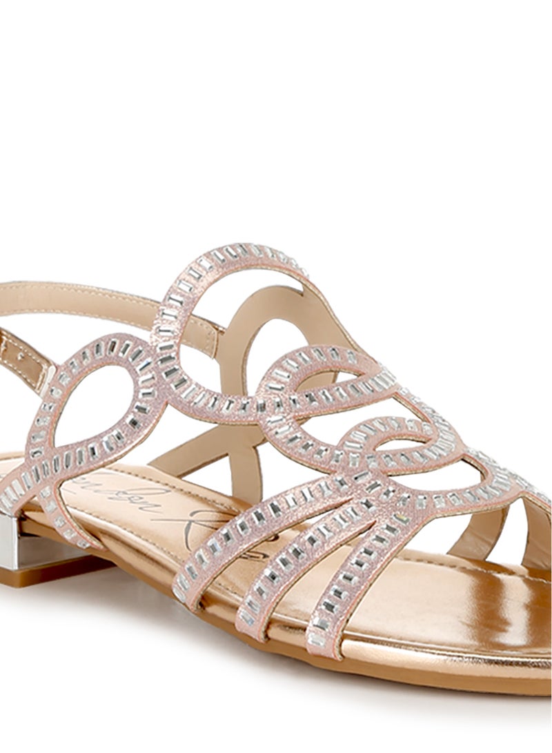 London Rag Cut Out Detail Rhinestone Flat Sandals in Rose Gold - Image 5