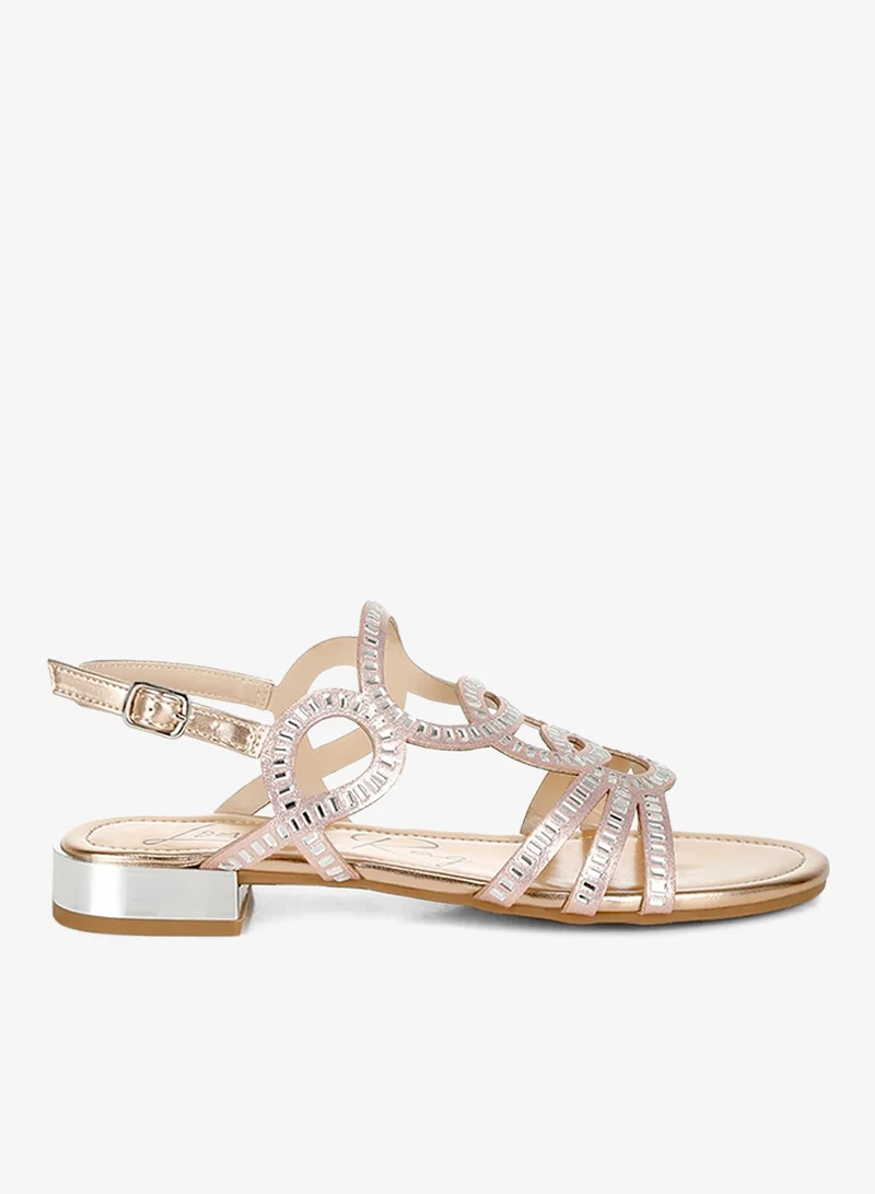 Cut Out Detail Rhinestone Flat Sandals in Rose Gold