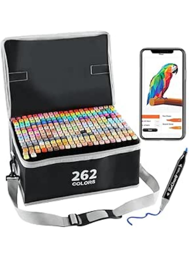 مجموعة أقلام تحديد كحولية مكونة من 262 لونًا مع تطبيق، أقلام تحديد رسم دائمة بطرفين للفنانين، أقلام تحديد فنية للرسم، أقلام تحديد كحولية للتلوين للبالغين والأطفال