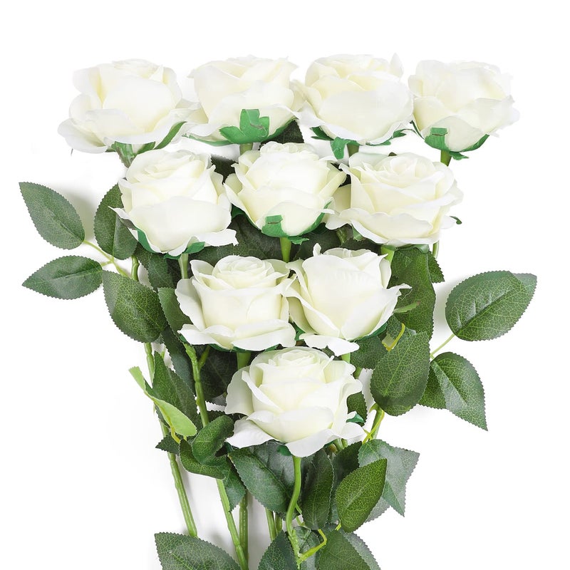 JUSTOYOU Rose Artificial Silk White Rose Flowers Single Long Stem Fake Rose Bouquet Home Office Wedding Arrangements 10 PCS