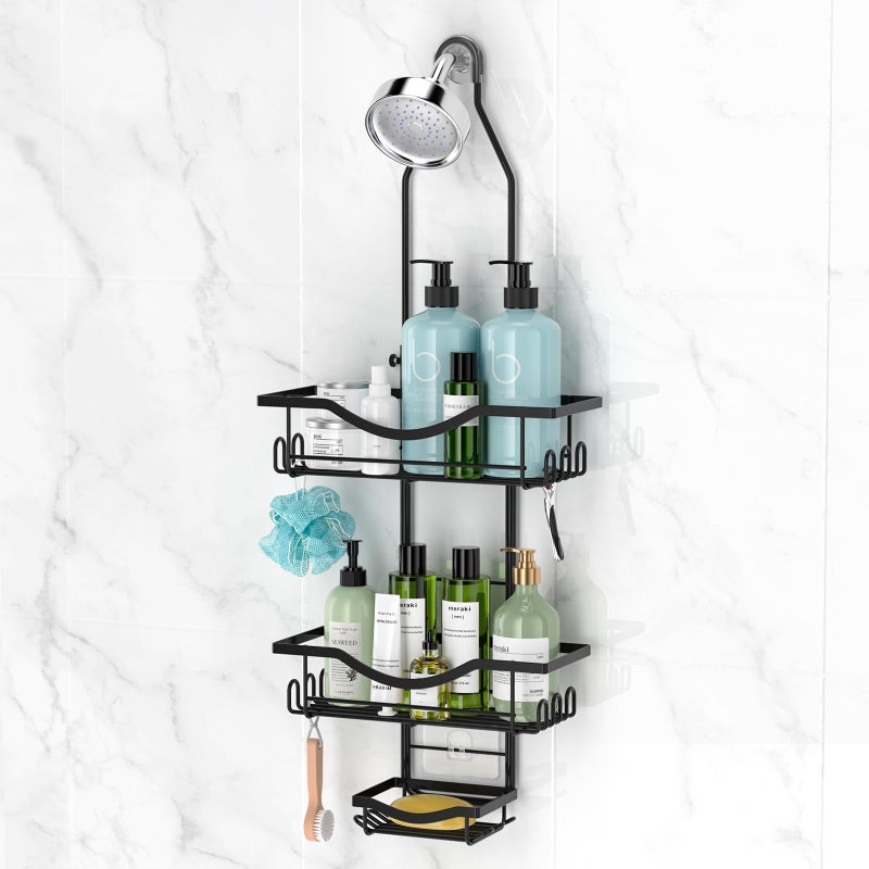REINHARDT Shower Caddy Hanging Adjustable Shower Caddy, Rustproof Shower Organizer Extended Length Shower Caddies Over Shower Head with Hooks Soap Holder, Large Capacity Anti-Swing Bathroom Storage, Black - Image 1