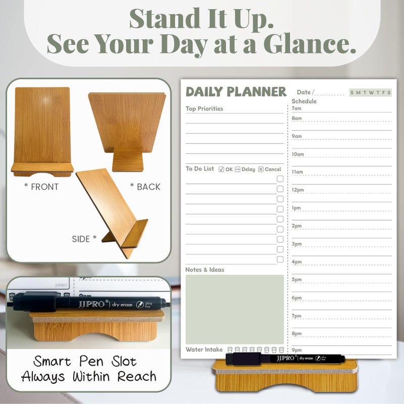 JJPRO Reusable Desktop Daily Planner with Stand,Reusable Time Schedule Board,11"x8.5" Hourly Schedule Dry Erase Board with Time Slots,Desk Hourly Dry Erase Board w/Engineered Wood Stand-Sage Green - Image 4