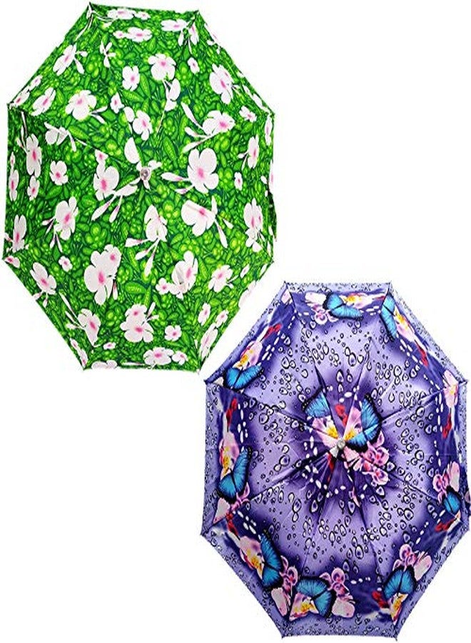 RAINPOPSON 2 Fold Umbrella for Women & Men UV Protection Ladies Umbrella Combo for Summer & Rain Season (Multicolor & Green Printed) - Combo Pack of 2 - Image 1