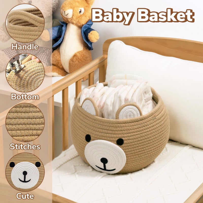 CherryNow Cotton Rope Baby Basket for Nursery, Bear Gift Baskets for Kids, Empty Baby Shower Basket with Handles, Small Cute Animal Baskets, Brown, 10.5"D x 8.5"H - Image 2