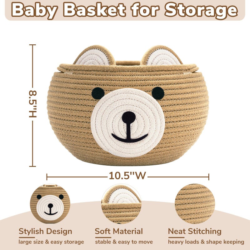 CherryNow Cotton Rope Baby Basket for Nursery, Bear Gift Baskets for Kids, Empty Baby Shower Basket with Handles, Small Cute Animal Baskets, Brown, 10.5"D x 8.5"H - Image 5