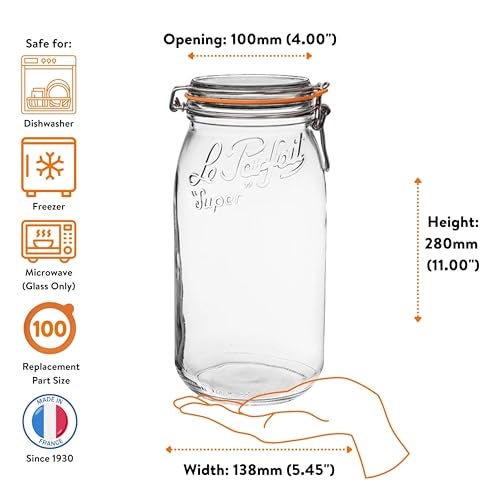 Le Parfait Super Jar 3L (96oz) French Glass Preserving Jar w/Airtight Rubber Seal & Wire Bail Closure - BPA-Free Canning Jar for Pickles, Fruit, Sauce& Food Storage - Made in France Since 1930 3PK/CP - Image 5