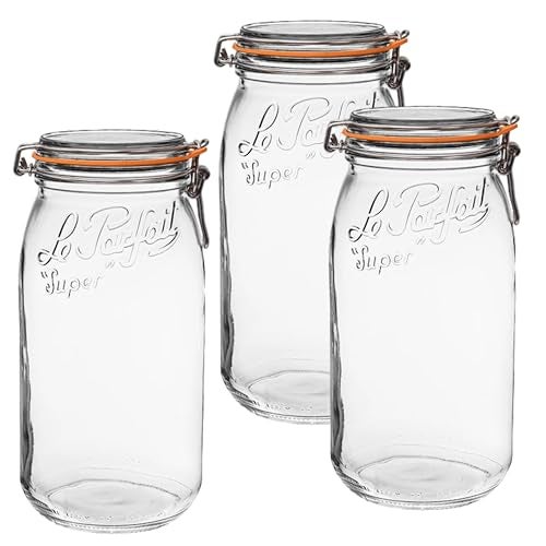 Le Parfait Super Jar 3L (96oz) French Glass Preserving Jar w/Airtight Rubber Seal & Wire Bail Closure - BPA-Free Canning Jar for Pickles, Fruit, Sauce& Food Storage - Made in France Since 1930 3PK/CP - Image 1