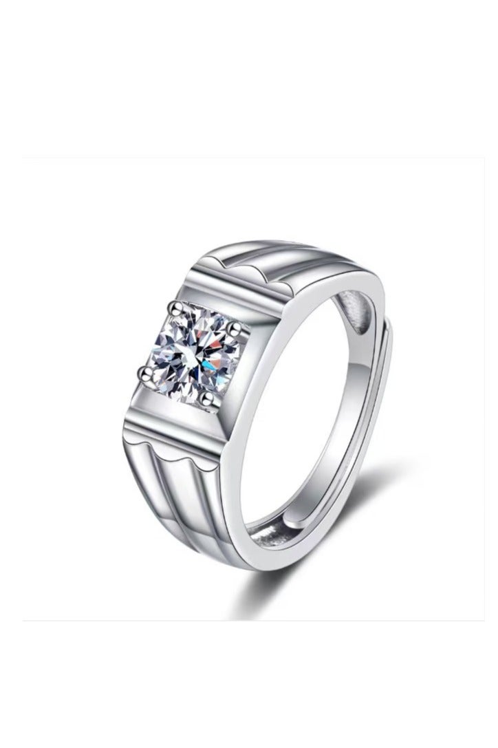 ممتاز خاتم رجالي من حجر المويزانايت عيار 1 قيراط من الفضة الإسترلينية S925 مطلي بالبلاتين – تصميم قابل للتعديل مع علبة هدية فاخرة - Image 1