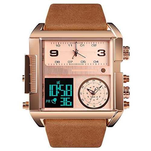 Gosasa Men's Square Large Face Digital Sports Watch, LED Analog Quartz Wrist Watch with Multi-Time Zone 50M Waterproof Stopwatch (Rose Gold Brown) - Image 1