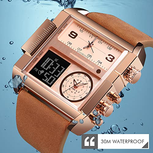 Gosasa Men's Square Large Face Digital Sports Watch, LED Analog Quartz Wrist Watch with Multi-Time Zone 50M Waterproof Stopwatch (Rose Gold Brown) - Image 5