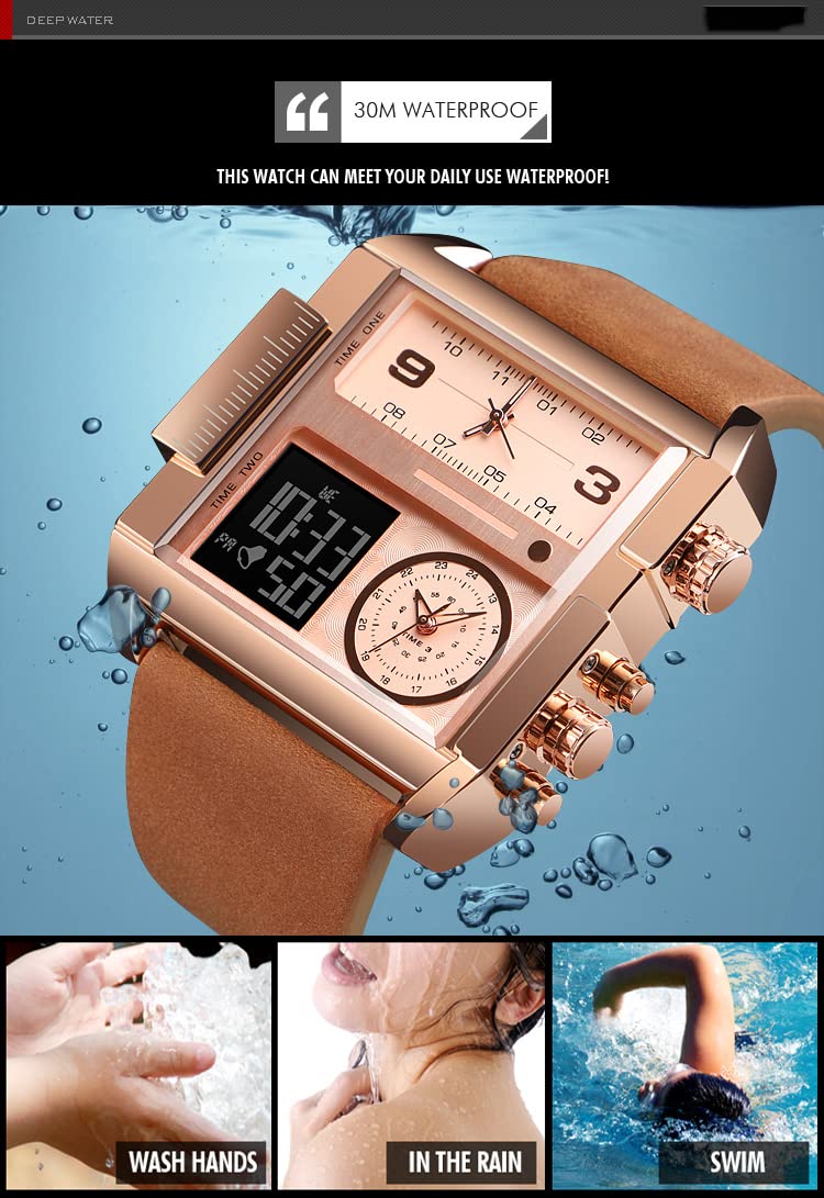 Gosasa Men's Square Large Face Digital Sports Watch, LED Analog Quartz Wrist Watch with Multi-Time Zone 50M Waterproof Stopwatch (Rose Gold Brown) - Image 2