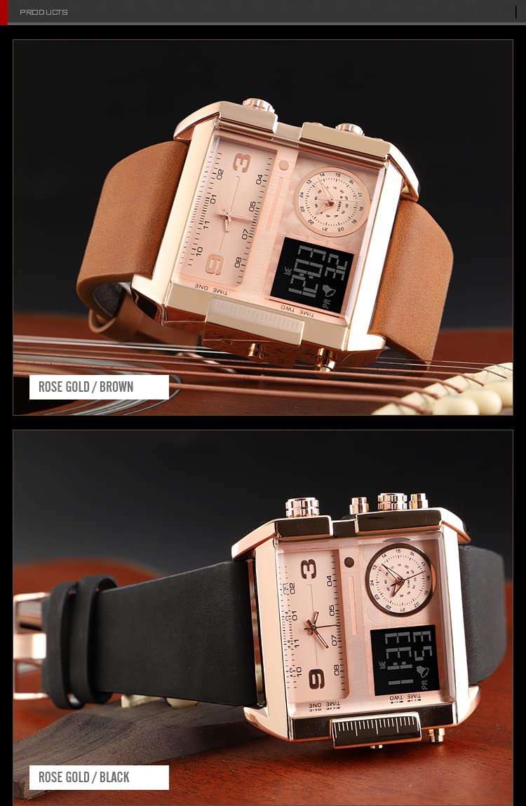 Gosasa Men's Square Large Face Digital Sports Watch, LED Analog Quartz Wrist Watch with Multi-Time Zone 50M Waterproof Stopwatch (Rose Gold Brown) - Image 3