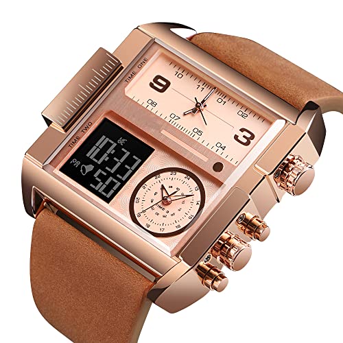 Gosasa Men's Square Large Face Digital Sports Watch, LED Analog Quartz Wrist Watch with Multi-Time Zone 50M Waterproof Stopwatch (Rose Gold Brown) - Image 4