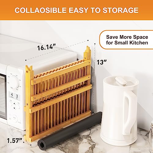 Greenual Bamboo Dish Drying Rack with Utensil Holder, 2 Tier Collapsible Dish Rack, Wooden Dish Racks for Kitchen Counter, Folding Drying Holder with Absorbent Dish Drying Mat - Image 4