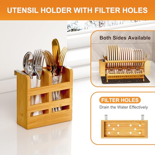 Greenual Bamboo Dish Drying Rack with Utensil Holder, 2 Tier Collapsible Dish Rack, Wooden Dish Racks for Kitchen Counter, Folding Drying Holder with Absorbent Dish Drying Mat - Image 3
