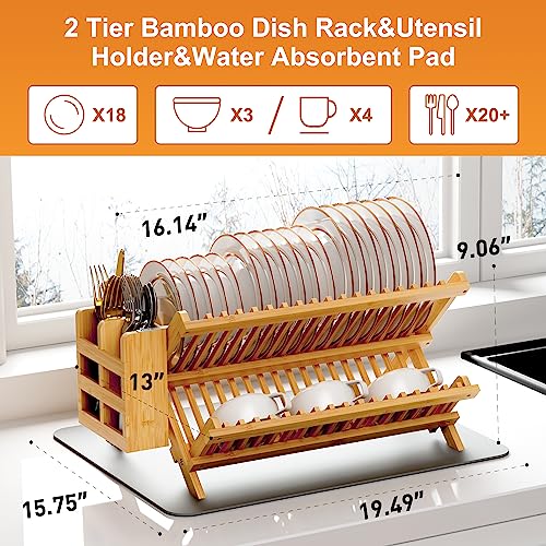 Greenual Bamboo Dish Drying Rack with Utensil Holder, 2 Tier Collapsible Dish Rack, Wooden Dish Racks for Kitchen Counter, Folding Drying Holder with Absorbent Dish Drying Mat - Image 2