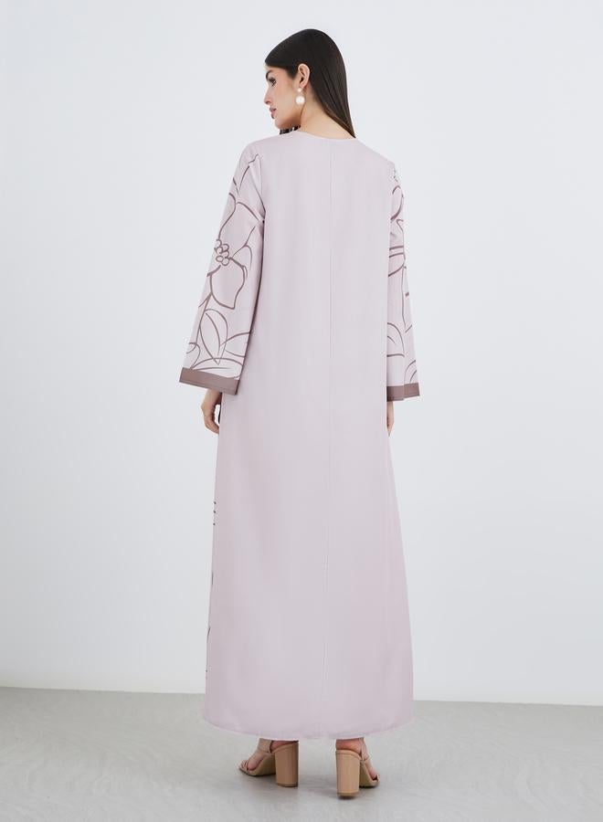 جلابية ستایلی نسائية بيج بطبعة زهور وأكمام متباينة