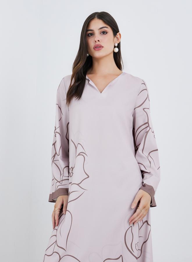 جلابية ستایلی نسائية بيج بطبعة زهور وأكمام متباينة