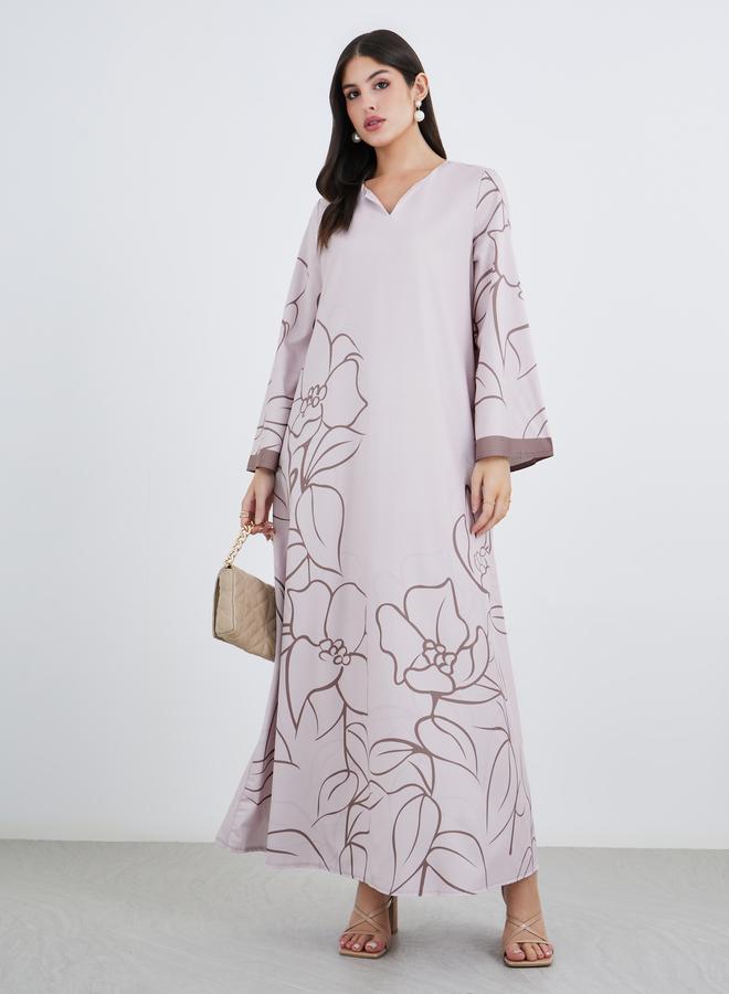 جلابية ستایلی نسائية بيج بطبعة زهور وأكمام متباينة