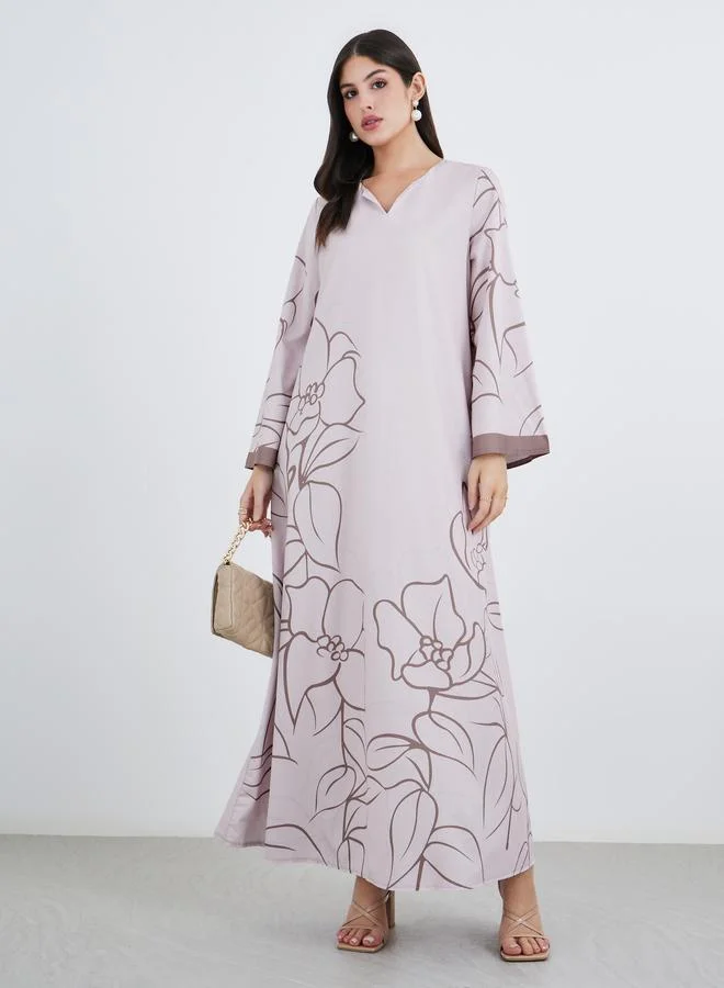 Styli Styli Women Beige Placement Floral Print Jalabiya with Contrast Sleeve Cuff