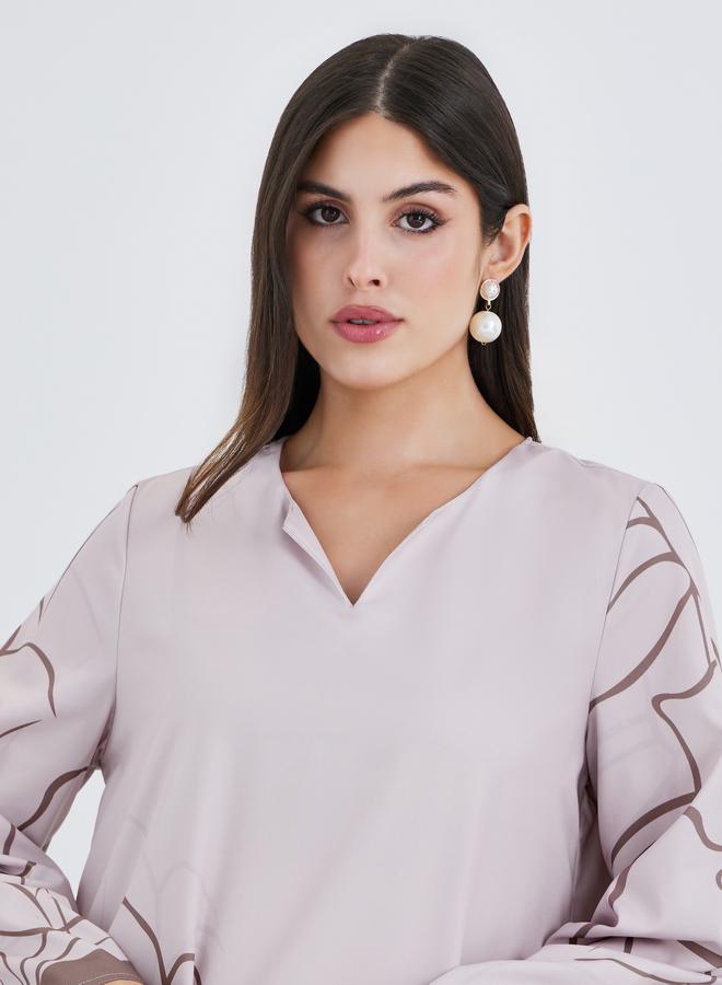 جلابية ستایلی نسائية بيج بطبعة زهور وأكمام متباينة