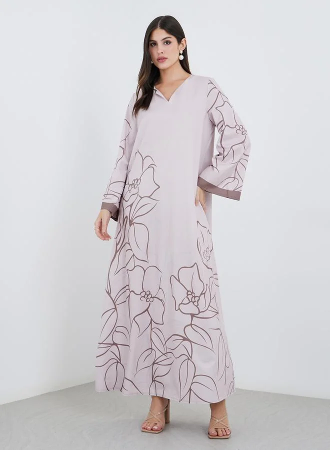 Styli Styli Women Beige Placement Floral Print Jalabiya with Contrast Sleeve Cuff