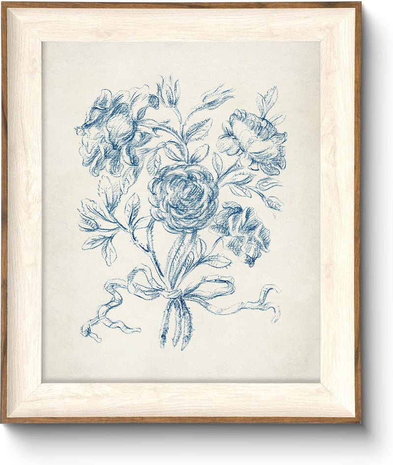 ASTRDECOR Framed Vintage Wall Art for Bathroom, Botanical Blue Wall Art for Home Decor Aesthetic, Victorian Blue Rose Bouquet Sketch Painting Floral Canvas Art Prints, Antique Flower Pictures for Living Room - 10''x12'' - Image 1