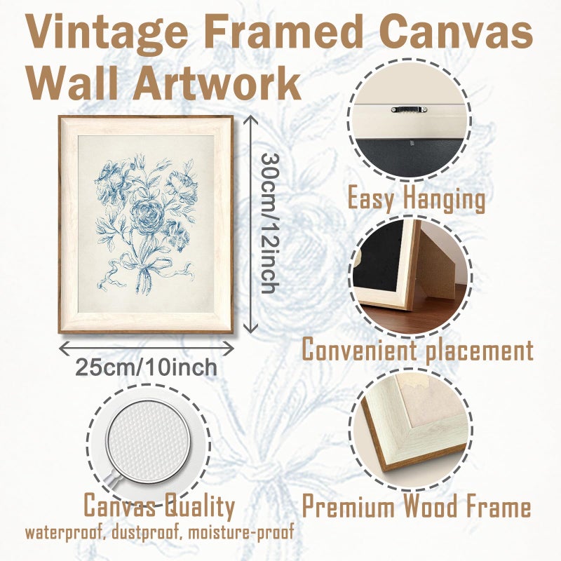 ASTRDECOR Framed Vintage Wall Art for Bathroom, Botanical Blue Wall Art for Home Decor Aesthetic, Victorian Blue Rose Bouquet Sketch Painting Floral Canvas Art Prints, Antique Flower Pictures for Living Room - 10''x12'' - Image 2