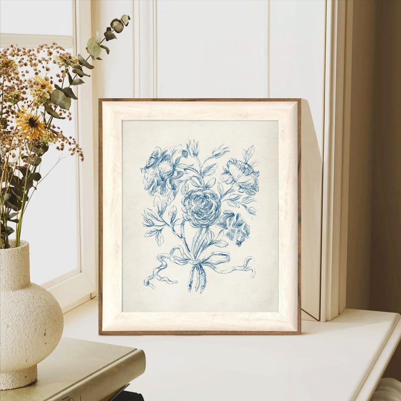 ASTRDECOR Framed Vintage Wall Art for Bathroom, Botanical Blue Wall Art for Home Decor Aesthetic, Victorian Blue Rose Bouquet Sketch Painting Floral Canvas Art Prints, Antique Flower Pictures for Living Room - 10''x12'' - Image 3