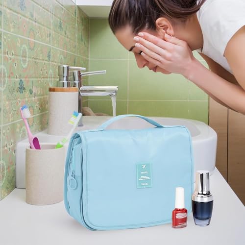 KUNFAIT Hanging Toiletry Bag with Hook for Travel | Waterproof Cosmetic Organizer with 4 Compartments | Compact Bathroom Storage Pouch for Men & Women (Sky Blue) - Image 3