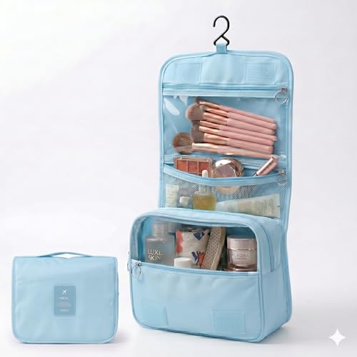 KUNFAIT Hanging Toiletry Bag with Hook for Travel | Waterproof Cosmetic Organizer with 4 Compartments | Compact Bathroom Storage Pouch for Men & Women (Sky Blue) - Image 1