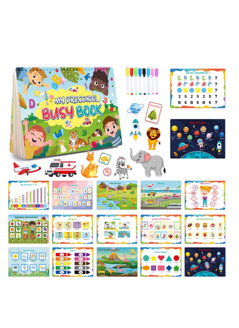 YelaJoy Preschool Learning Activities 32 Pages Busy Book, Montessori Toys for Toddlers, Preschool Activity Binder for Kids Early Educational Learning Materials and Coloring Book for Boys & Girls  - Image 1