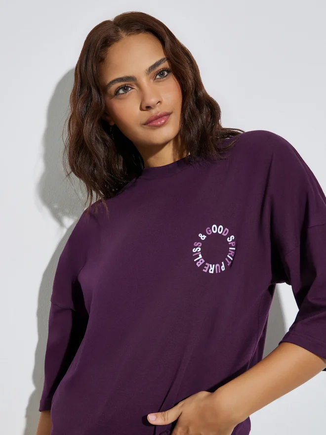 Styli Styli Purple Slogan Print Oversized Cotton T-Shirt