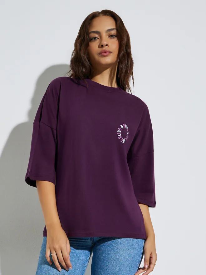Styli Styli Purple Slogan Print Oversized Cotton T-Shirt