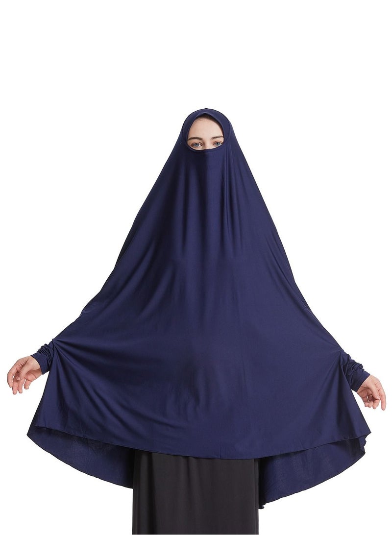 إسكدنيا Women's Solid Color Abaya Batwing Sleeve Thobe Robe With Hijab Navy Blue  - Image 1