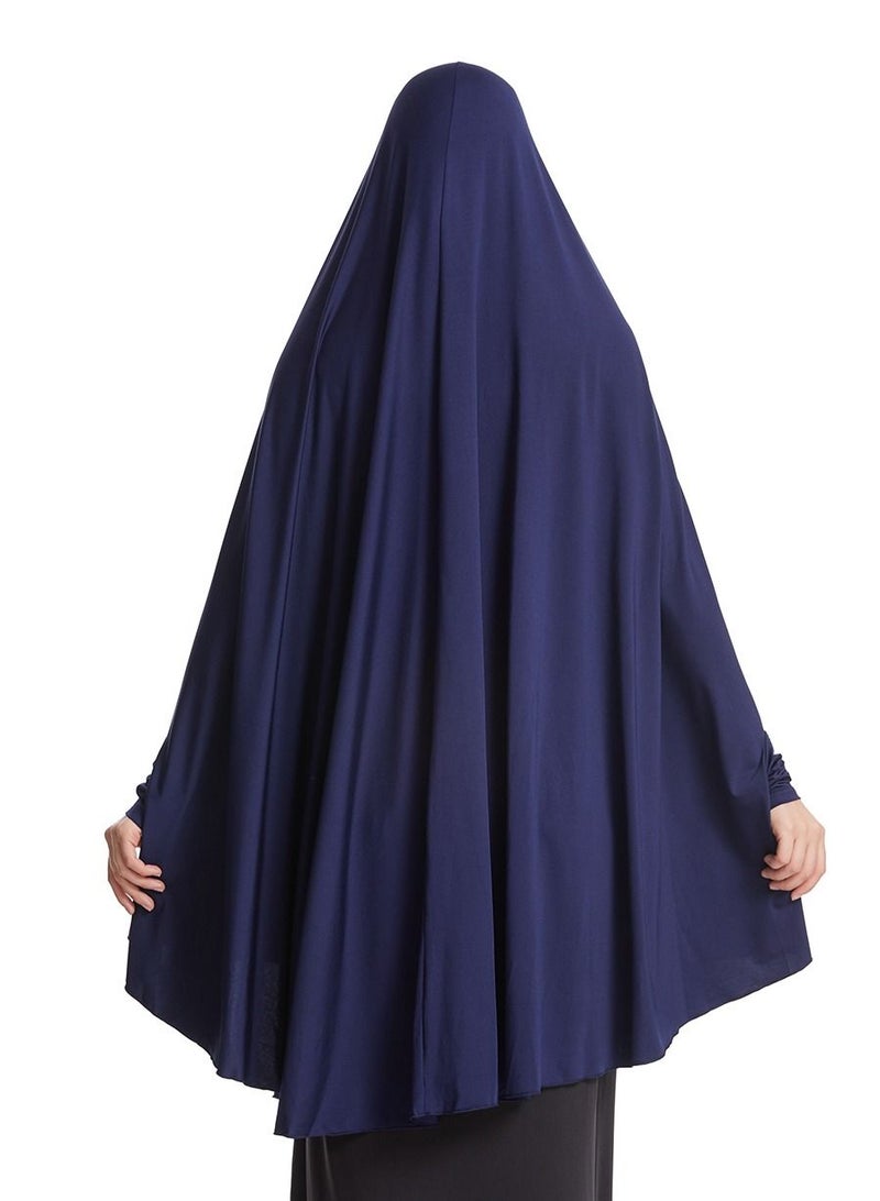 إسكدنيا Women's Solid Color Abaya Batwing Sleeve Thobe Robe With Hijab Navy Blue  - Image 3