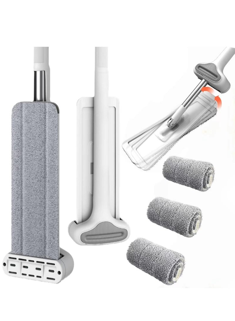 MIXDE 360 Hands-Free Self Wringing Floor Cleaning Mop, Flat Mop - Microfiber with 4 x Washable Pads, Hand Washing Free for Hardwood and Window, White - Image 1