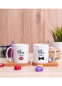 Hediye Dükkanı Gift Shop Personalized Mr Mrs Designed Double White Mug with Wooden Base 