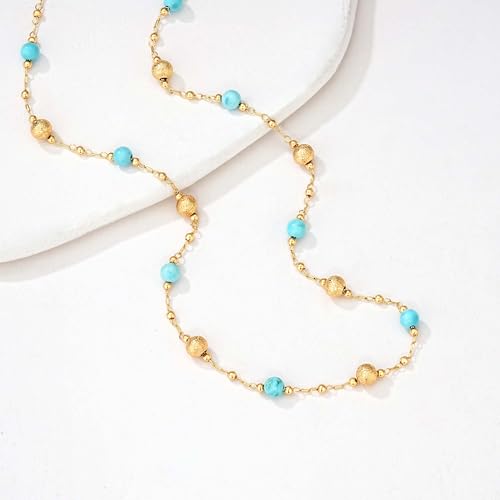 MTMY Beaded Necklaces for Women 14K Gold Plated Dainty Colorful Green/Rose Beaded Pearl Choker Necklace Delicate Boho Choker Necklace Jewelry Gift (turquoise ball) - Image 5