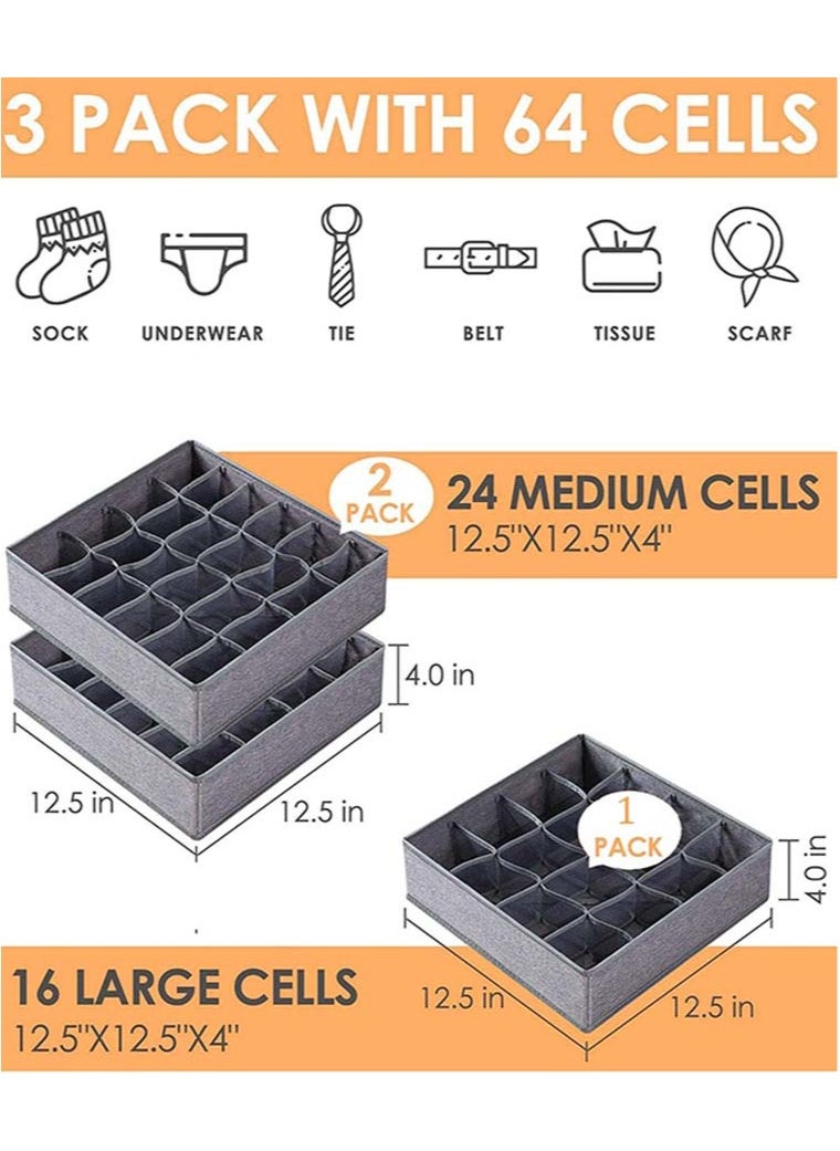 YIM-VIBEHAUS - 3 Packs Underwear Sock Organizer for Drawer, 64 Cell Foldable Closet Organizer Divider Cabinet Organizer Underwear Storage Boxes for Storing Socks, Handkerchiefs, Ties, Belts (24+24+16 Cell, Grey) - Image 1